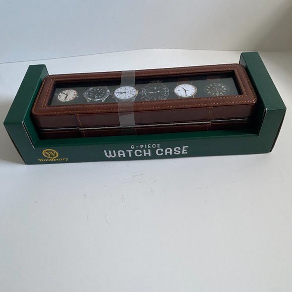 NEW Woodburry Men’s Six Slot 6 Piece Brown Faux Leather Watch Case Holder Box - Picture 2 of 6
